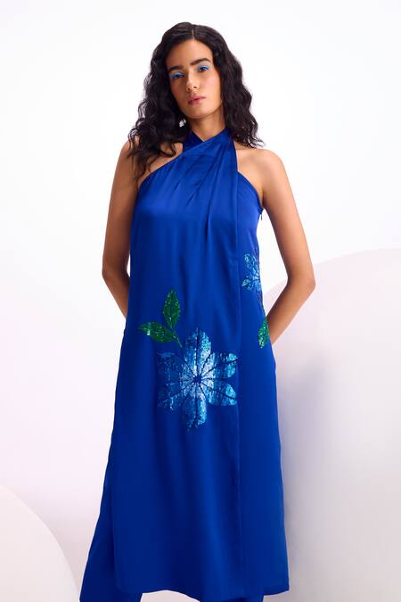 Shop_Namrata Joshipura_Blue Chiffon Sequins Halter Neck Nova Embroidered Long Top And Pant Set_Online_at_Aza_Fashions