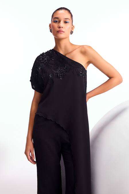 Buy_Namrata Joshipura_Black Textured Crepe Embellished Floral One Shoulder Nigella Top_Online_at_Aza_Fashions