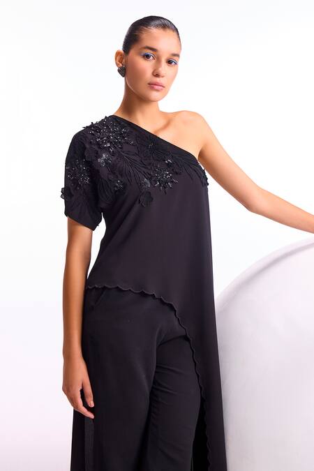 Shop_Namrata Joshipura_Black Textured Crepe Embellished Floral One Shoulder Nigella Top_Online_at_Aza_Fashions