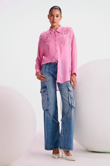 Buy_Namrata Joshipura_Pink Georgette Embellished Floral Collar Nigella Boxy Shirt_Online_at_Aza_Fashions
