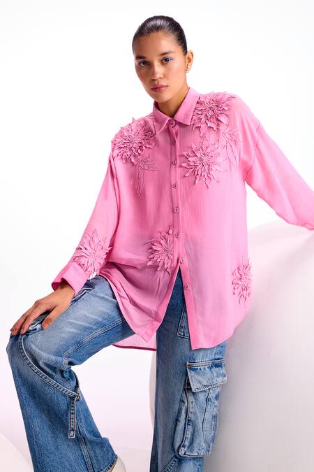 Shop_Namrata Joshipura_Pink Georgette Embellished Floral Collar Nigella Boxy Shirt_Online_at_Aza_Fashions