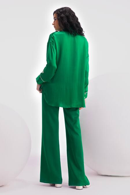 Shop Namrata Joshipura Green Cupro Satin Embellished Floral Collar Amara Boxy Shirt at Aza Fashions Shop_Namrata Joshipura_Green Cupro Satin Embellished Floral Collar Amara Boxy Shirt_at_Aza_Fashions