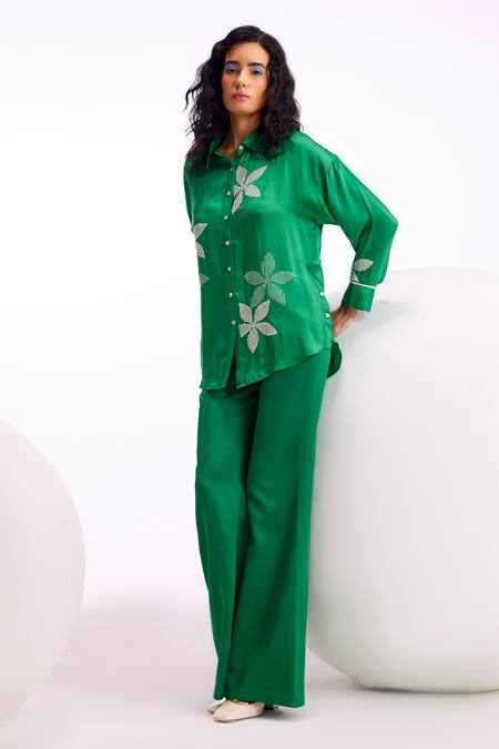 Namrata Joshipura Green Cupro Satin Embellished Floral Collar Amara Boxy Shirt Online at Aza Fashions Namrata Joshipura_Green Cupro Satin Embellished Floral Collar Amara Boxy Shirt_Online_at_Aza_Fashions