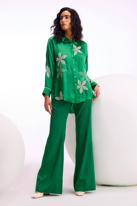 Buy Namrata Joshipura Green Cupro Satin Embellished Floral Collar Amara Boxy Shirt Online at Aza Fashions Buy_Namrata Joshipura_Green Cupro Satin Embellished Floral Collar Amara Boxy Shirt_Online_at_Aza_Fashions