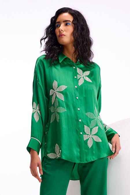 Shop Namrata Joshipura Green Cupro Satin Embellished Floral Collar Amara Boxy Shirt Online at Aza Fashions Shop_Namrata Joshipura_Green Cupro Satin Embellished Floral Collar Amara Boxy Shirt_Online_at_Aza_Fashions