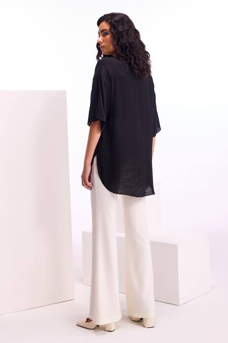 Shop Namrata Joshipura Black Linen Crepe Embellished Floral Wide Collar Alder Shirt at Aza Fashions Shop_Namrata Joshipura_Black Linen Crepe Embellished Floral Wide Collar Alder Shirt_at_Aza_Fashions