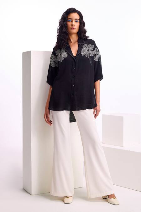Namrata Joshipura Black Linen Crepe Embellished Floral Wide Collar Alder Shirt Online at Aza Fashions Namrata Joshipura_Black Linen Crepe Embellished Floral Wide Collar Alder Shirt_Online_at_Aza_Fashions