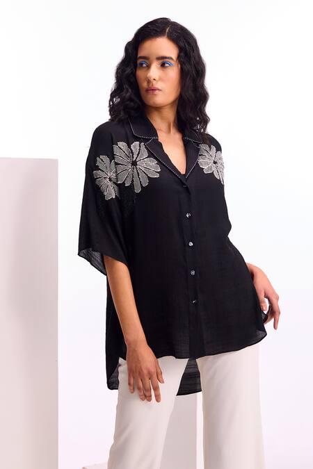 Buy Namrata Joshipura Black Linen Crepe Embellished Floral Wide Collar Alder Shirt Online at Aza Fashions Buy_Namrata Joshipura_Black Linen Crepe Embellished Floral Wide Collar Alder Shirt_Online_at_Aza_Fashions