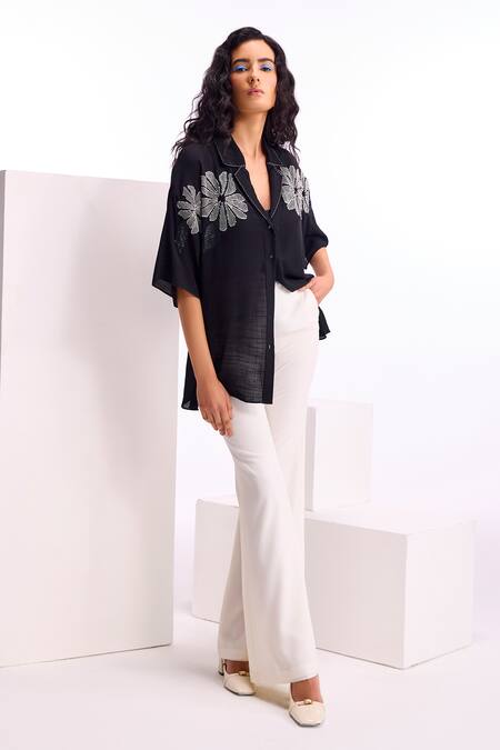 Shop Namrata Joshipura Black Linen Crepe Embellished Floral Wide Collar Alder Shirt Online at Aza Fashions Shop_Namrata Joshipura_Black Linen Crepe Embellished Floral Wide Collar Alder Shirt_Online_at_Aza_Fashions