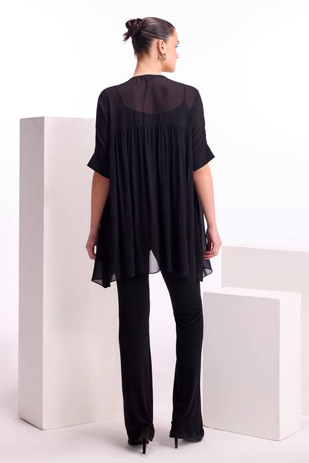 Shop Namrata Joshipura Black Georgette Embellished Pearls Round Metallic Gathered Top at Aza Fashions Shop_Namrata Joshipura_Black Georgette Embellished Pearls Round Metallic Gathered Top_at_Aza_Fashions