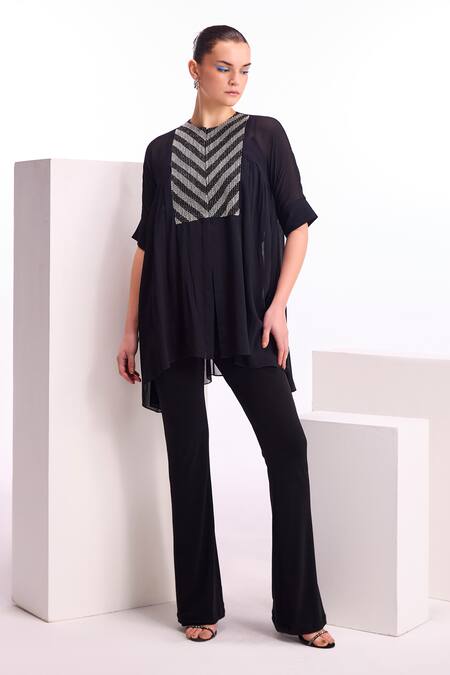 Namrata Joshipura Black Georgette Embellished Pearls Round Metallic Gathered Top Online at Aza Fashions Namrata Joshipura_Black Georgette Embellished Pearls Round Metallic Gathered Top_Online_at_Aza_Fashions