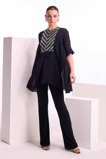 Buy Namrata Joshipura Black Georgette Embellished Pearls Round Metallic Gathered Top Online at Aza Fashions Buy_Namrata Joshipura_Black Georgette Embellished Pearls Round Metallic Gathered Top_Online_at_Aza_Fashions