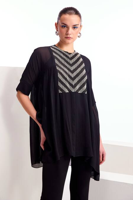 Shop Namrata Joshipura Black Georgette Embellished Pearls Round Metallic Gathered Top Online at Aza Fashions Shop_Namrata Joshipura_Black Georgette Embellished Pearls Round Metallic Gathered Top_Online_at_Aza_Fashions