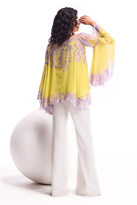 Shop_Namrata Joshipura_Yellow Georgette Embroidery Off-shoulder Cerelia Off Embellished Top _at_Aza_Fashions