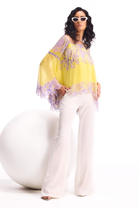 Namrata Joshipura_Yellow Georgette Embroidery Off-shoulder Cerelia Off Embellished Top _Online_at_Aza_Fashions