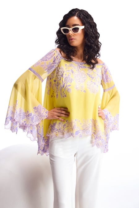 Buy_Namrata Joshipura_Yellow Georgette Embroidery Off-shoulder Cerelia Off Embellished Top _Online_at_Aza_Fashions