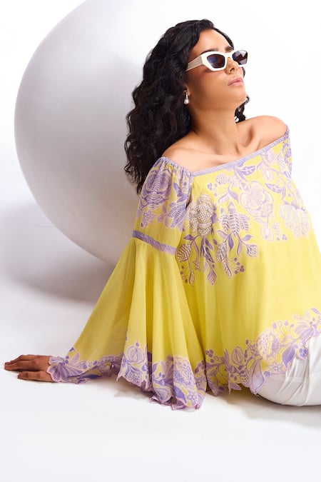 Shop_Namrata Joshipura_Yellow Georgette Embroidery Off-shoulder Cerelia Off Embellished Top _Online_at_Aza_Fashions