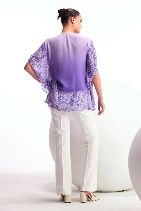 Shop Namrata Joshipura Purple Textured Georgette Embellished Round Cerelia Scallop Floral Pattern Top at Aza Fashions Shop_Namrata Joshipura_Purple Textured Georgette Embellished Round Cerelia Scallop Floral Pattern Top_at_Aza_Fashions