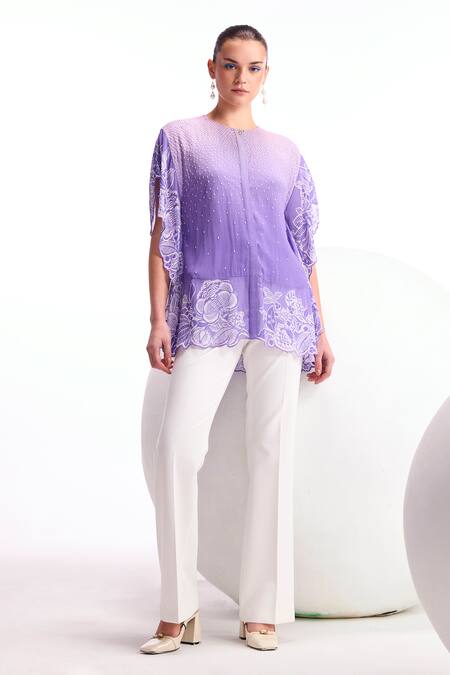 Namrata Joshipura Purple Textured Georgette Embellished Round Cerelia Scallop Floral Pattern Top Online at Aza Fashions Namrata Joshipura_Purple Textured Georgette Embellished Round Cerelia Scallop Floral Pattern Top_Online_at_Aza_Fashions