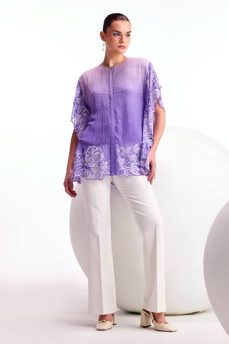 Buy Namrata Joshipura Purple Textured Georgette Embellished Round Cerelia Scallop Floral Pattern Top Online at Aza Fashions Buy_Namrata Joshipura_Purple Textured Georgette Embellished Round Cerelia Scallop Floral Pattern Top_Online_at_Aza_Fashions
