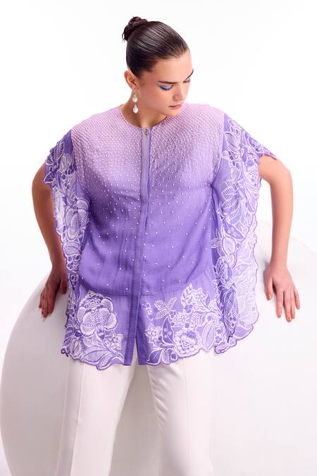 Shop Namrata Joshipura Purple Textured Georgette Embellished Round Cerelia Scallop Floral Pattern Top Online at Aza Fashions Shop_Namrata Joshipura_Purple Textured Georgette Embellished Round Cerelia Scallop Floral Pattern Top_Online_at_Aza_Fashions