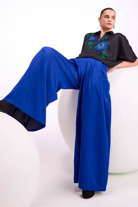 Namrata Joshipura_Black Satin Embroidery Collared Nova Floral Embellished Zipper Top _Online_at_Aza_Fashions