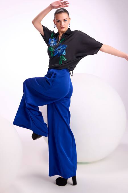 Buy_Namrata Joshipura_Black Satin Embroidery Collared Nova Floral Embellished Zipper Top _Online_at_Aza_Fashions