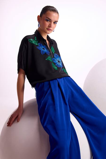 Shop_Namrata Joshipura_Black Satin Embroidery Collared Nova Floral Embellished Zipper Top _Online_at_Aza_Fashions