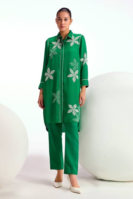 Namrata Joshipura Green Viscose Linen Embellished Floral Collar Amara Straight Tunic Online at Aza Fashions Namrata Joshipura_Green Viscose Linen Embellished Floral Collar Amara Straight Tunic_Online_at_Aza_Fashions
