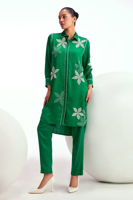 Buy Namrata Joshipura Green Viscose Linen Embellished Floral Collar Amara Straight Tunic Online at Aza Fashions Buy_Namrata Joshipura_Green Viscose Linen Embellished Floral Collar Amara Straight Tunic_Online_at_Aza_Fashions