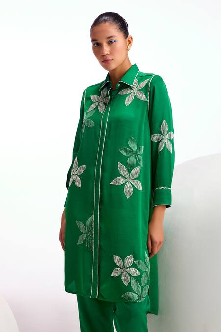 Shop Namrata Joshipura Green Viscose Linen Embellished Floral Collar Amara Straight Tunic Online at Aza Fashions Shop_Namrata Joshipura_Green Viscose Linen Embellished Floral Collar Amara Straight Tunic_Online_at_Aza_Fashions