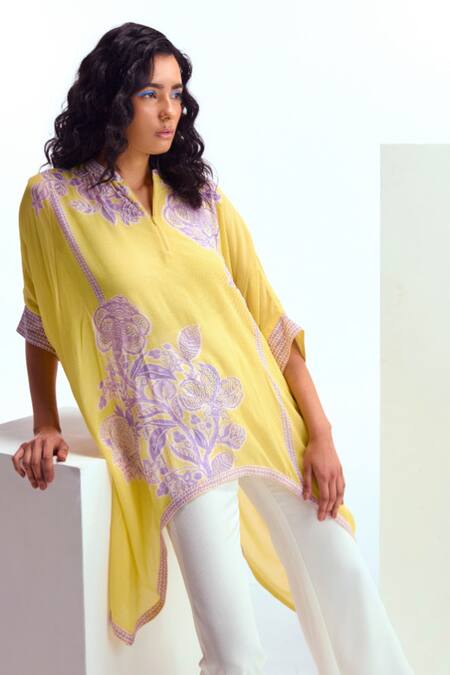 Namrata Joshipura_Yellow Georgette Embroidery Bandeau Neck Cerelia Floral Pattern Tunic And Pant Set_Online_at_Aza_Fashions