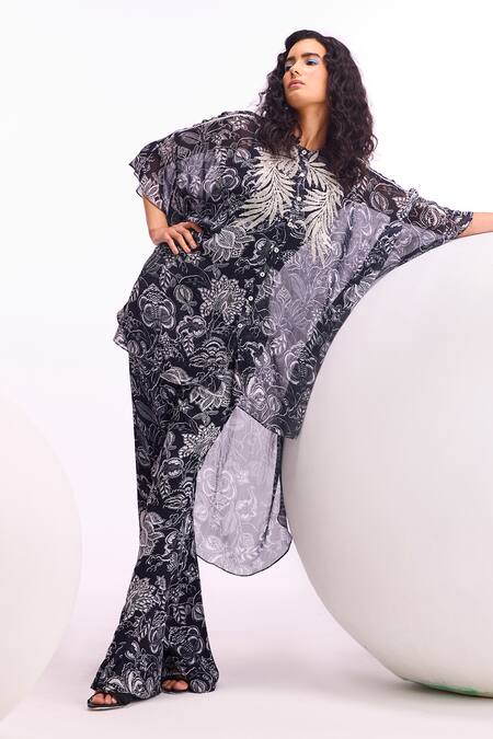 Namrata Joshipura_Black Round Neck Floral Pattern Tunic And Pant Co-ord Set_Online_at_Aza_Fashions