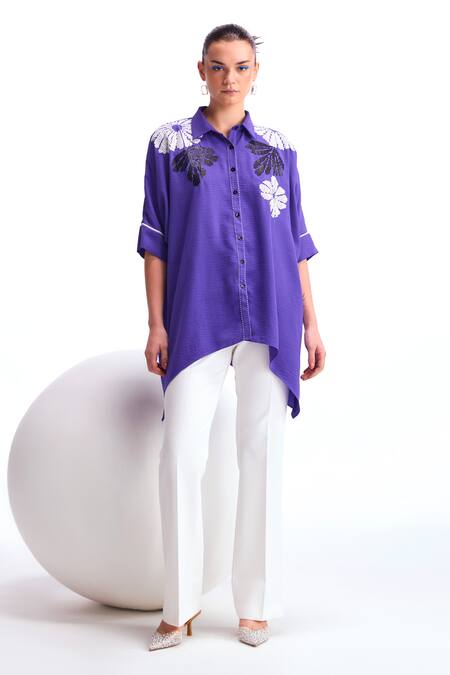 Namrata Joshipura_Purple Textured Crepe Hand Embellished Floral Collar Zebrina Short Tunic_Online_at_Aza_Fashions