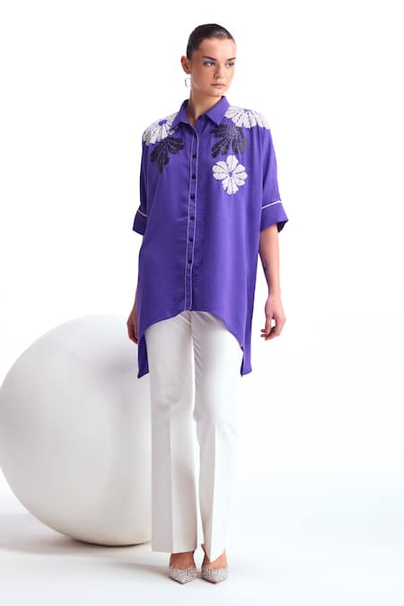 Buy_Namrata Joshipura_Purple Textured Crepe Hand Embellished Floral Collar Zebrina Short Tunic_Online_at_Aza_Fashions