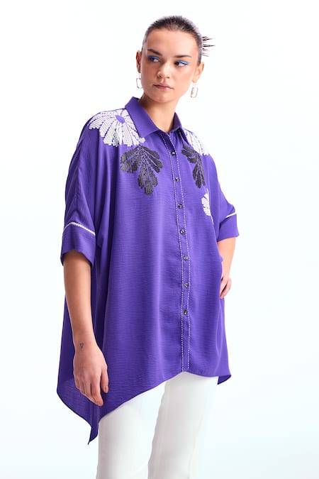 Shop_Namrata Joshipura_Purple Textured Crepe Hand Embellished Floral Collar Zebrina Short Tunic_Online_at_Aza_Fashions