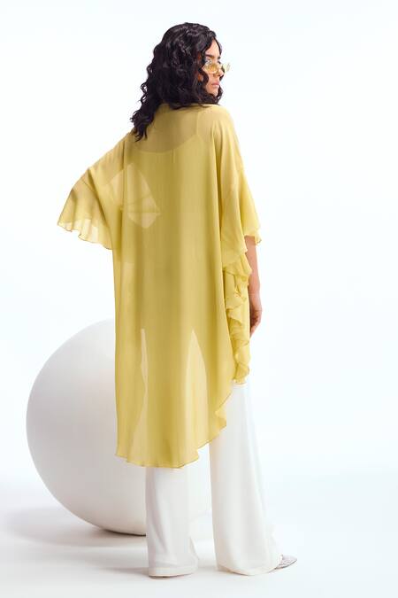 Shop Namrata Joshipura Yellow Georgette Metallic Thread, Pearls Open Neck Yoke Kaftan Tunic And Pant Set at Aza Fashions Shop_Namrata Joshipura_Yellow Georgette Metallic Thread, Pearls Open Neck Yoke Kaftan Tunic And Pant Set_at_Aza_Fashions