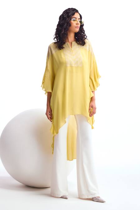 Namrata Joshipura Yellow Georgette Metallic Thread, Pearls Open Neck Yoke Kaftan Tunic And Pant Set Online at Aza Fashions Namrata Joshipura_Yellow Georgette Metallic Thread, Pearls Open Neck Yoke Kaftan Tunic And Pant Set_Online_at_Aza_Fashions