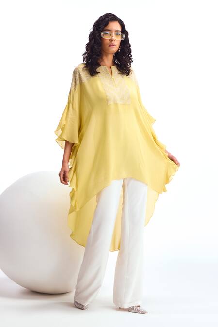 Buy Namrata Joshipura Yellow Georgette Metallic Thread, Pearls Open Neck Yoke Kaftan Tunic And Pant Set Online at Aza Fashions Buy_Namrata Joshipura_Yellow Georgette Metallic Thread, Pearls Open Neck Yoke Kaftan Tunic And Pant Set_Online_at_Aza_Fashions