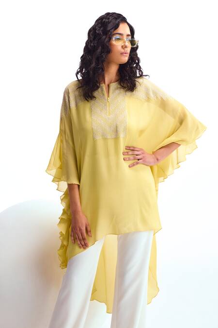 Shop Namrata Joshipura Yellow Georgette Metallic Thread, Pearls Open Neck Yoke Kaftan Tunic And Pant Set Online at Aza Fashions Shop_Namrata Joshipura_Yellow Georgette Metallic Thread, Pearls Open Neck Yoke Kaftan Tunic And Pant Set_Online_at_Aza_Fashions