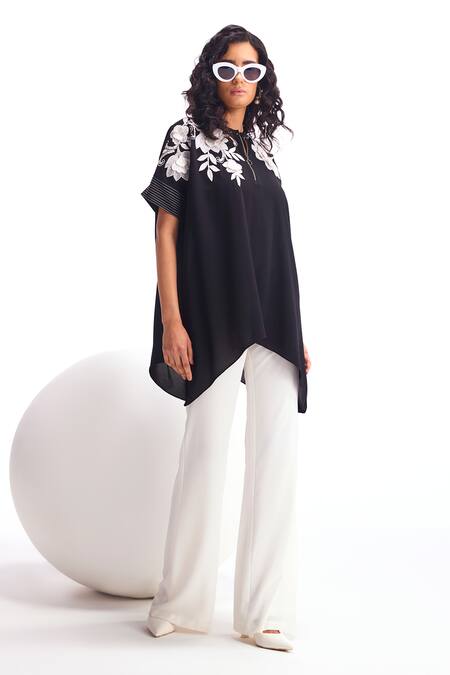 Namrata Joshipura_Black Textured Crepe Hand Embellished Floral Round Dahlia Short Tunic_Online_at_Aza_Fashions
