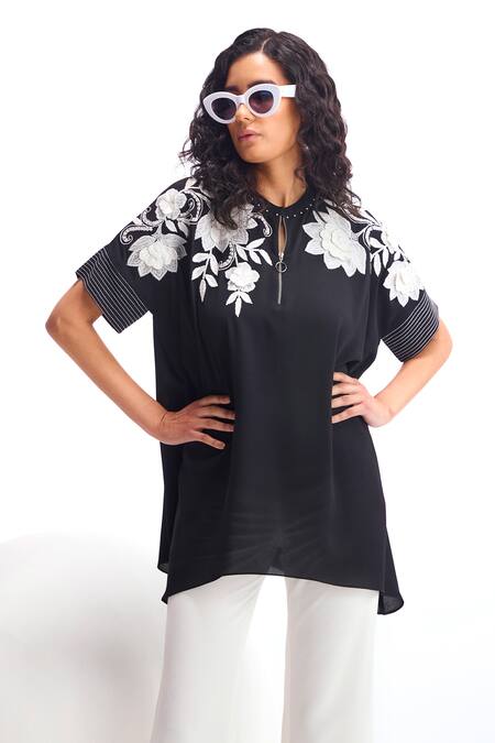 Buy_Namrata Joshipura_Black Textured Crepe Hand Embellished Floral Round Dahlia Short Tunic_Online_at_Aza_Fashions