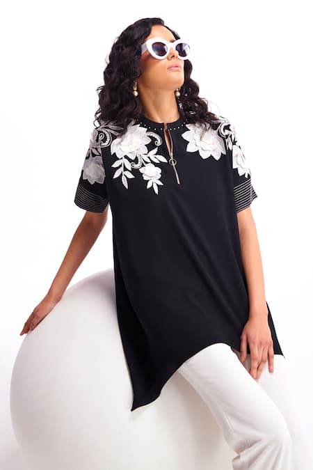 Shop_Namrata Joshipura_Black Textured Crepe Hand Embellished Floral Round Dahlia Short Tunic_Online_at_Aza_Fashions