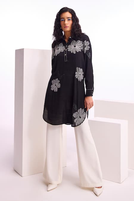 Namrata Joshipura Black Linen Crepe Embellished Floral Band Alder Tunic And Pant Set 