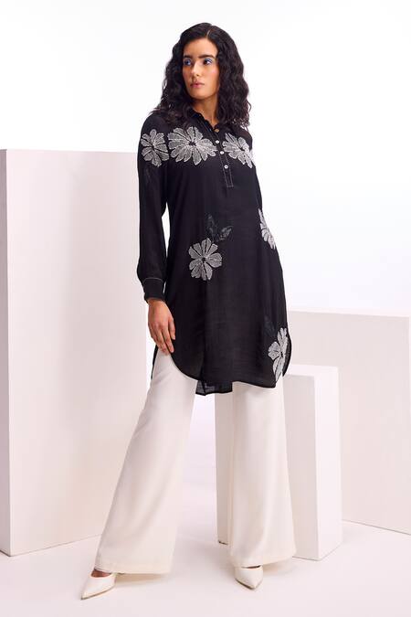 Namrata Joshipura_Black Linen, Crepe Embroidery Bandeau Alder Floral Embellished Tunic And Pant Set_Online_at_Aza_Fashions