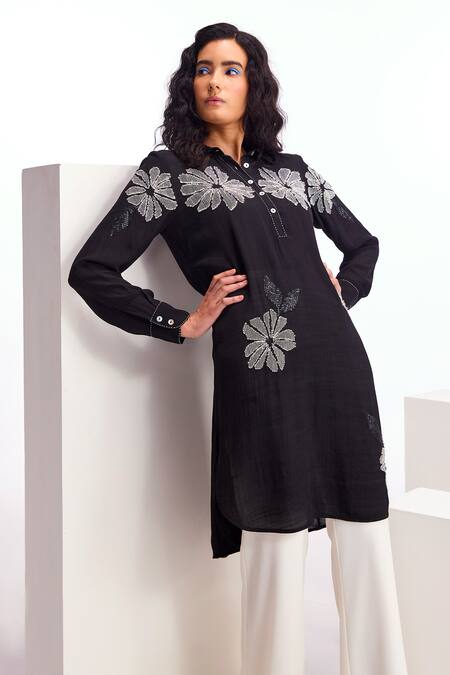 Buy_Namrata Joshipura_Black Linen, Crepe Embroidery Bandeau Alder Floral Embellished Tunic And Pant Set_Online_at_Aza_Fashions