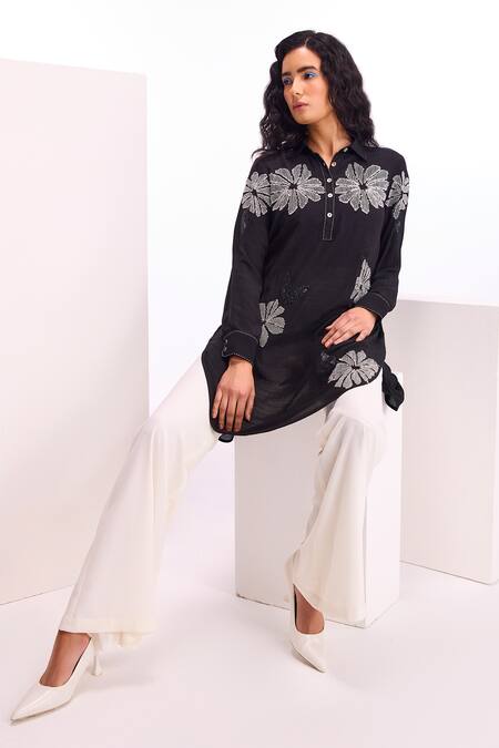 Shop_Namrata Joshipura_Black Linen, Crepe Embroidery Bandeau Alder Floral Embellished Tunic And Pant Set_Online_at_Aza_Fashions