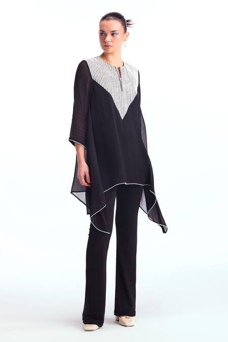 Namrata Joshipura_Black Georgette Metallic Thread Open Neck Pearl Work Yoke Tunic And Pant Set_Online_at_Aza_Fashions