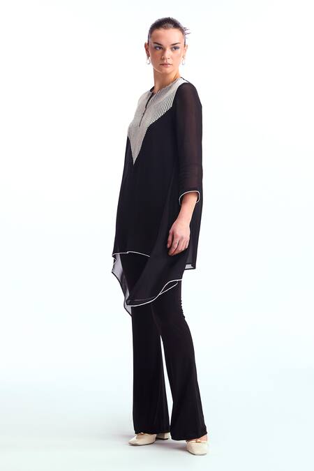 Buy_Namrata Joshipura_Black Georgette Metallic Thread Open Neck Pearl Work Yoke Tunic And Pant Set_Online_at_Aza_Fashions
