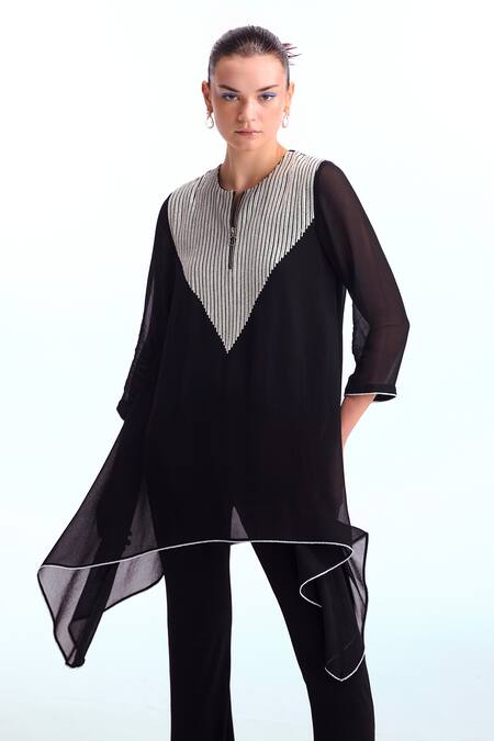 Shop_Namrata Joshipura_Black Georgette Metallic Thread Open Neck Pearl Work Yoke Tunic And Pant Set_Online_at_Aza_Fashions